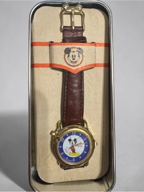 Disney Lorus Mickey Mouse Kids Watch with Gold Case, Blue Dial and Brown Strap